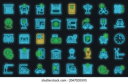 Paid parking icons set. Outline set of paid parking vector icons neon color on black