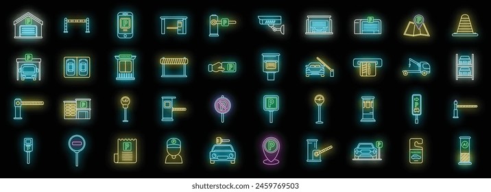 Paid parking icons set outline vector. Park gate. Garage place neon color on black