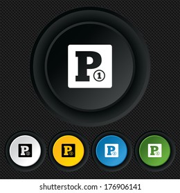 Paid parking sign icon. Car parking symbol. Round colourful buttons on black texture. Vector