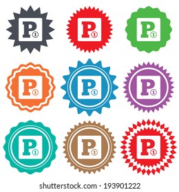 Paid parking sign icon. Car parking symbol. Stars stickers. Certificate emblem labels. Vector