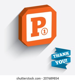 Paid parking sign icon. Car parking symbol. White icon on orange 3D piece of wall. Carved in stone with long flat shadow. Vector