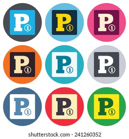 Paid parking sign icon. Car parking symbol. Colored round buttons. Flat design circle icons set. Vector