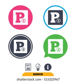 Paid parking sign icon. Report document, information sign and light bulb. Vector