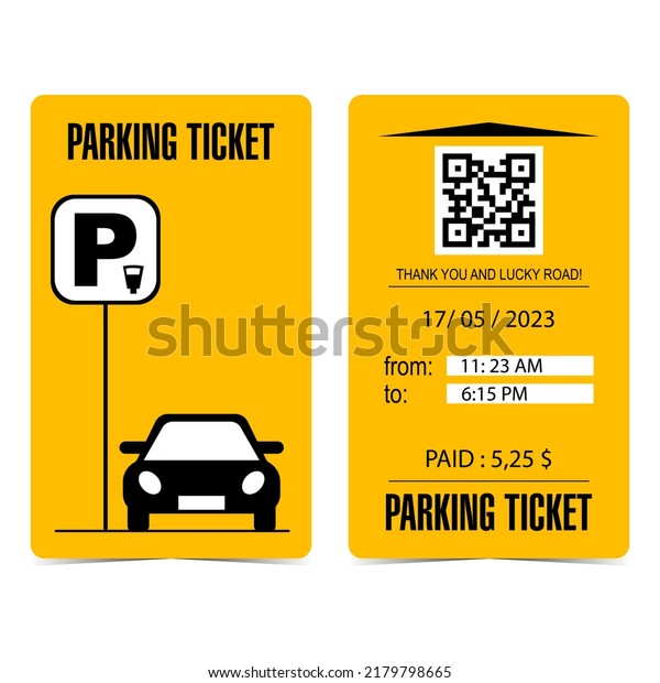 Paid parking ticket design template in\
black and orange colours. Parking zone entrance and exit quittance\
or receipt with parking sign, car, qr code, date, time and price.\
Flat vector illustration.
