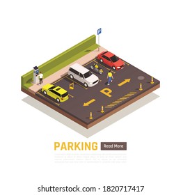 Paid perpendicular parking area for motorcycles cars scooters light vehicles with reserved spaces isometric composition vector illustration 