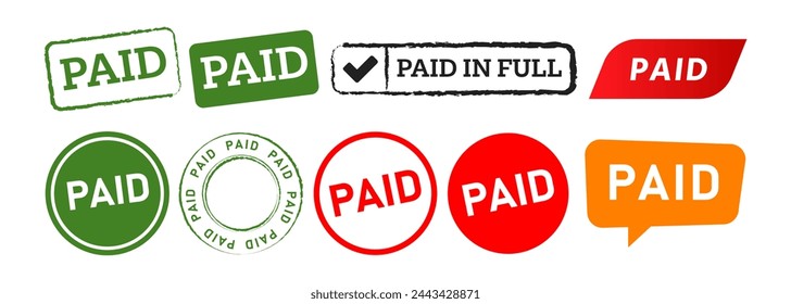 paid rectangle circle stamp and speech bubble label sticker sign confirmed paid in full granted