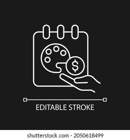 Paid sabbatical leave white linear icon for dark theme. Employee vacation. Extended break. Thin line customizable illustration. Isolated vector contour symbol for night mode. Editable stroke