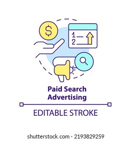 Paid Search Advertising Concept Icon. Type Of Digital Ads Abstract Idea Thin Line Illustration. Build Brand Awareness. Isolated Outline Drawing. Editable Stroke. Arial, Myriad Pro-Bold Fonts Used