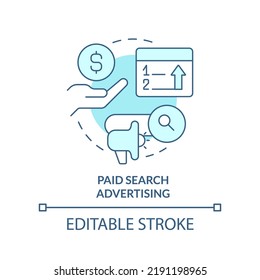 Paid search advertising turquoise concept icon. Type of digital ads abstract idea thin line illustration. Isolated outline drawing. Editable stroke. Arial, Myriad Pro-Bold fonts used