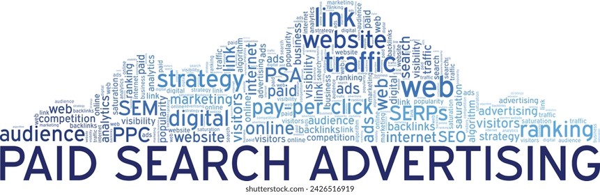 Paid Search Advertising word cloud conceptual design isolated on white background.