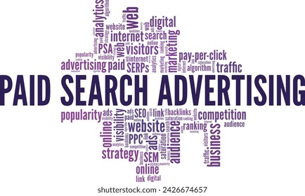 Paid Search Advertising word cloud conceptual design isolated on white background.