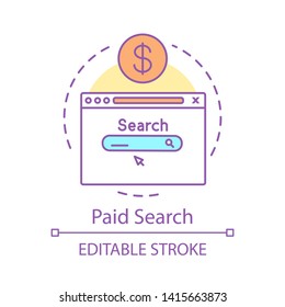 Paid search concept icon. Pay per click advertising, sponsored listing SEM idea thin line illustration. Digital marketing strategy vector isolated outline drawing. Editable stroke