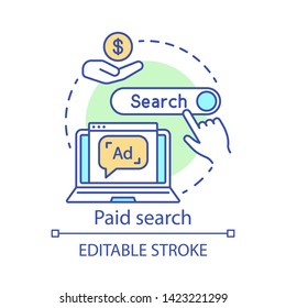 Paid search concept icon. PPC channel idea thin line illustration. Marketing strategy. Pay per click model. Search engine results. SEM advertising. Vector isolated outline drawing. Editable stroke