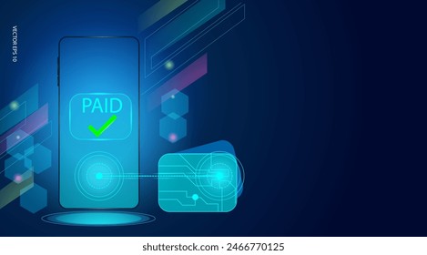 Paid sign and digital wallet in display mobile blue dark background, 