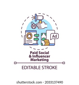 Paid Social And Influencer Marketing Concept Icon. Online Event Marketing Tip Idea Thin Line Illustration. Social Media Engagement. Vector Isolated Outline RGB Color Drawing. Editable Stroke