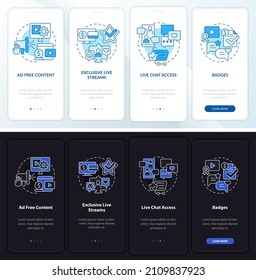 Paid subscription features night, day mode onboarding mobile app screen. Walkthrough 4 steps graphic instructions pages with linear concepts. UI, UX, GUI template. Myriad Pro-Bold, Regular fonts used
