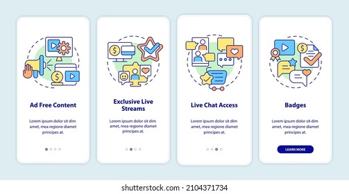 Funciones de suscripción pagadas a bordo de la pantalla de la aplicación móvil. Recorrido 4 pasos de páginas de instrucciones gráficas con conceptos lineales. UI, UX, plantilla GUI. Multitud de tipos de letra Pro-Bold, con uso regular