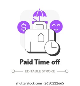 Paid time off flat outline concept icon. Vacation, travelling. Resort, tourism. Monthly planner, luggage. Money, finance. Modern line illustration with purple glyphs. Conceptual visual. Easy to edit