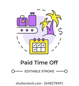 Paid time off multi color concept icon. Vacation, travelling. Resort, tourism. Monthly planner. Round shape line illustration. Abstract idea. Graphic design. Easy to use in article, blog post