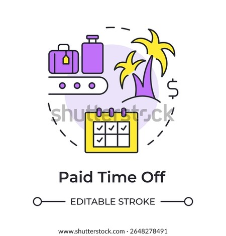 Paid time off multi color concept icon. Vacation, travelling. Resort, tourism. Monthly planner. Round shape line illustration. Abstract idea. Graphic design. Easy to use in article, blog post