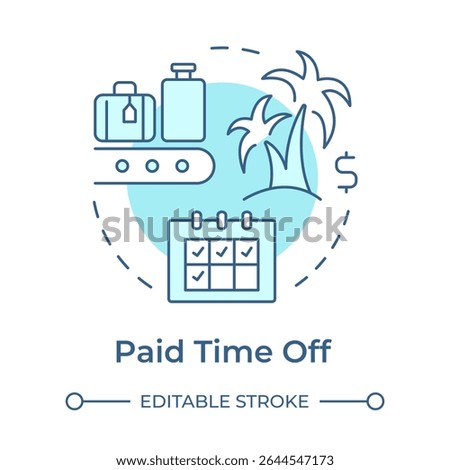 Paid time off soft blue concept icon. Vacation, travelling. Resort, tourism. Monthly planner. Round shape line illustration. Abstract idea. Graphic design. Easy to use in article, blog post