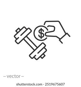 ícone de treinamento pago, pagamento para aula de educação física, dinheiro e haltere, símbolo de linha fina - ilustração vetorial de traço editável