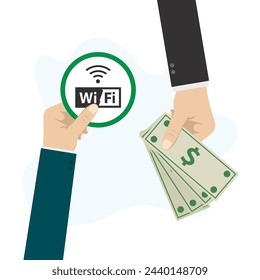 Acceso a Internet inalámbrico de pago. Pago por Wi-Fi. La mano da billetes de dólar. Seguridad, red pública protegida por contraseña. Contraseña de hotspot. Ilustración vectorial plana