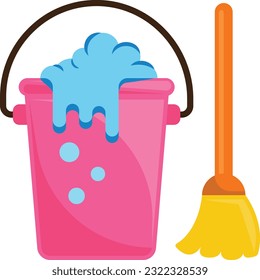 Pail filled with Soapy Foam vector icon design, Housekeeping symbol, Office caretaker sign, porter or cleanser equipment stock illustration, Buckets Bubbles with Broom concept