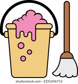 Pail filled with Soapy Foam vector color design, Housekeeping symbol, Office caretaker sign, porter or cleanser equipment stock illustration, Buckets Bubbles with Broom concept