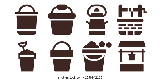 pail icon set. 8 filled pail icons.  Collection Of - Sand bucket, Bucket, Water well icons