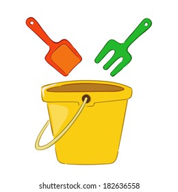 Pail shovel and a bucket beach toys, vector illustration