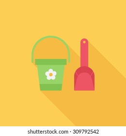 Pail and shovel icon. Flat vector related icon with long shadow for web and mobile applications. It can be used as - logo, pictogram, icon, infographic element. Vector Illustration.