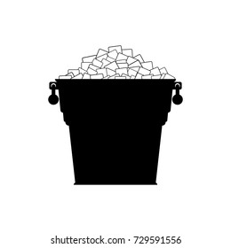 Pail with white ice. Silhouette small metal bucket with pile square ice cubes. Icon. Vector illustration on white background.
