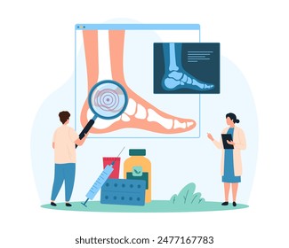 Schmerzen im Knöchel und Fuß aufgrund von Verletzungen, chronische Erkrankungen der Gelenke und Knochen. Winzige Menschen mit Lupe Forschung Entzündung des verletzten menschlichen Beins auf Anatomie Chart Cartoon Vektorillustration