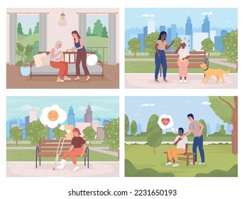 Pain attacks flat color vector illustrations set. Different kinds of aches. Health problems. Fully editable 2D simple cartoon characters collection with home and landscapes on background