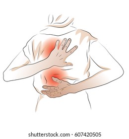 Pain in the back, the woman holds her hands behind her back. Colored Vector illustration.