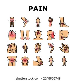 pain body ache health back icons set vector. neck medical, joint leg, injury medicine, human knee, hurt muscle, painful disease pain body ache health back color line illustrations