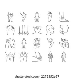 pain body ache health back icons set vector. neck medical, joint leg, injury medicine, human knee, hurt muscle, painful disease pain body ache health back black contour illustrations