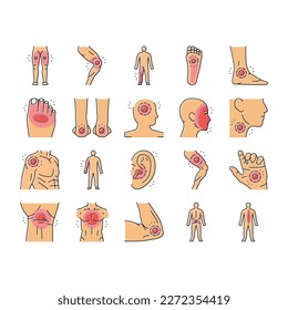 pain body ache health back icons set vector. neck medical, joint leg, injury medicine, human knee, hurt muscle, painful disease pain body ache health back color line illustrations