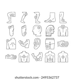 pain body ache medical joint icons set vector. health neck, headache painful, knee leg, back human, stomach shoulder, injury pain body ache medical joint black contour illustrations