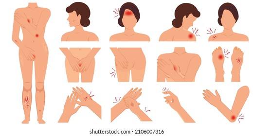 Pain in the body women parts physical injury flat set caused by illness or injury isolated on white background. breast test, woman's abdomen health concept.vector illustration. 