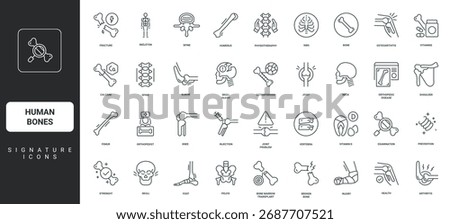 Pain of broken bone, osteoarthritis thin black and red outline symbols vector illustration Human bones and joint care, rheumatology, medical support for orthopaedic diseases, injury line icon set.