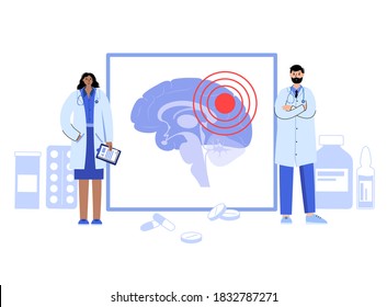 Pain, Cancer Or Inflammation In The Brain. Logo For Neurology Clinic. Tumor Or Infection In Human Brains. Sensation, Intellectual, Nervous Activity Problems. Nervous System Disease Vector Illustration