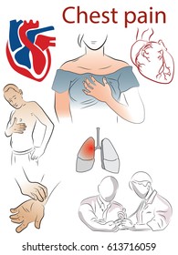 Pain in chest, heart hurts. Color vector illustration on the theme of sore, medicine.