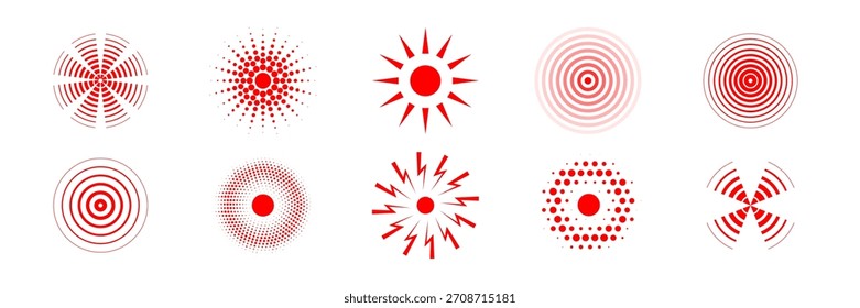 Pain circle red icon with concentric rings and ripple wave effect. Abstract target pattern symbolizing vibration signal or inflammation point. Modern medical and geometric vector illustrations set.