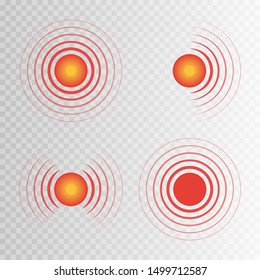 Pain circle red icon set for medical painkiller drug medicine. Body painful spot marks. Flat vector illustration.