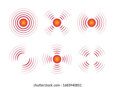 Pain circle red icon set for medical painkiller drug medicine. Body painful spot marks. Flat vector illustration.