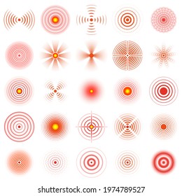 Pain Circle. Red Sonar Circles, Human Pain Localisation Rings Vector Illustration Set. Medical Pain Sonar Circles. Concentration Round Ache, Signal Localization Point, Target Objective