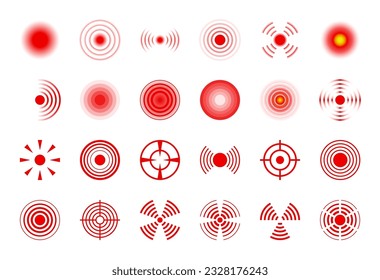 Pain circle. Red pain spots, headache and muscle, joint hurt point with waves, ache target rings for painkiller pills medicine isolated vector set. Inflammation or injury indication for advertisement