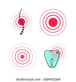 Pain circle symbol vector icon, medical painful spot point in tooth or spine, ache or hurt sign